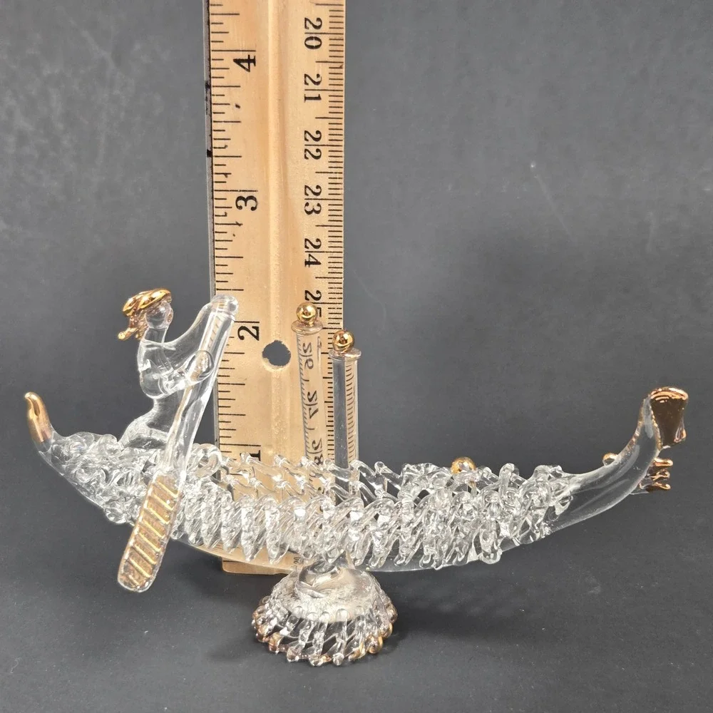 Murano Clear Glass Venetian Gondola Figurine Gold Trim Vintage Decor